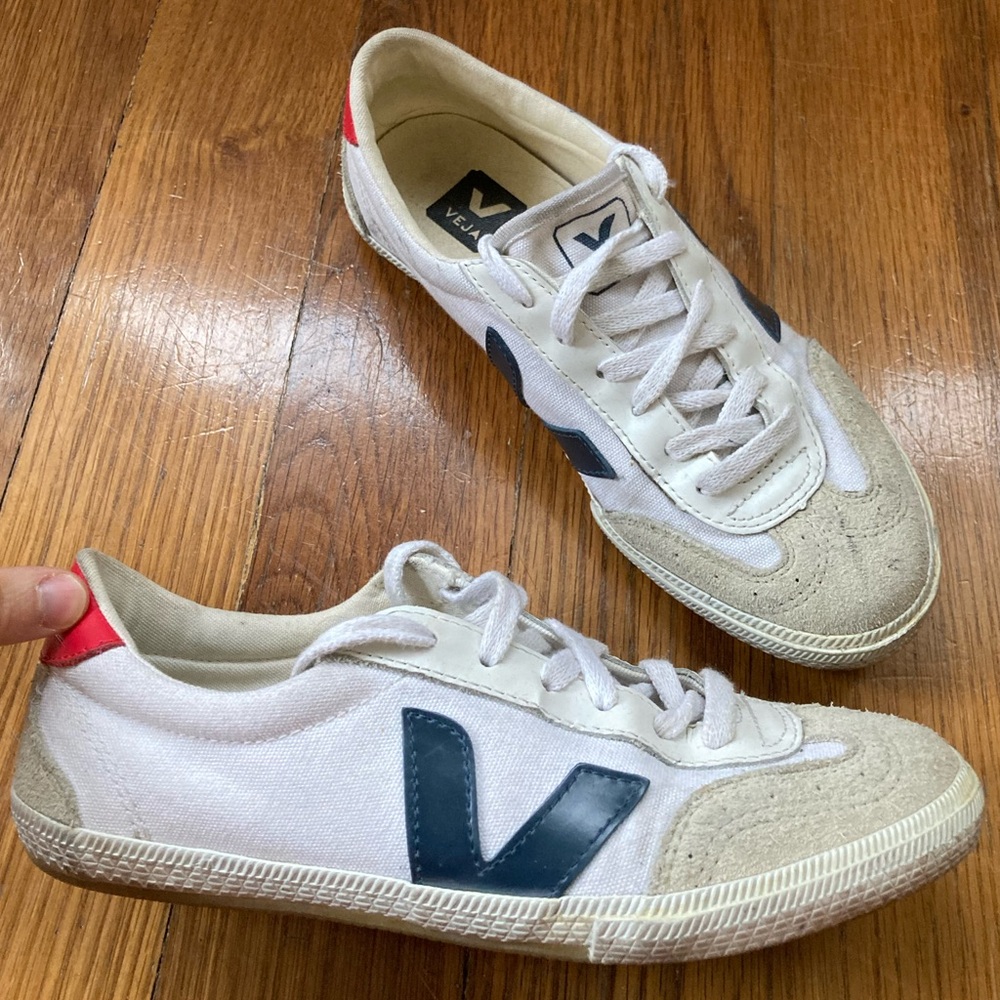 Veja White Canvas Sneakers with Navy V and Red Heel Tab